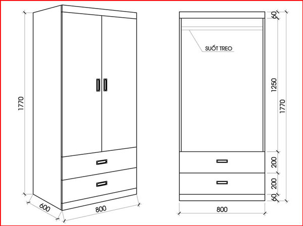 Kích thước tủ quần áo 2 cánh