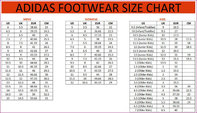 Bảng size giày đá bóng Adidas