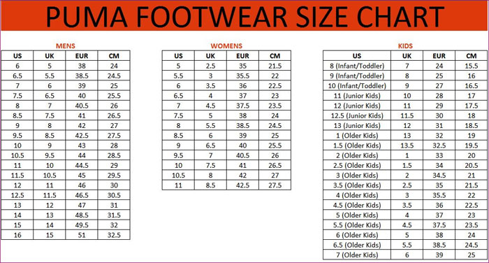 Bảng size giày đá bóng Puma