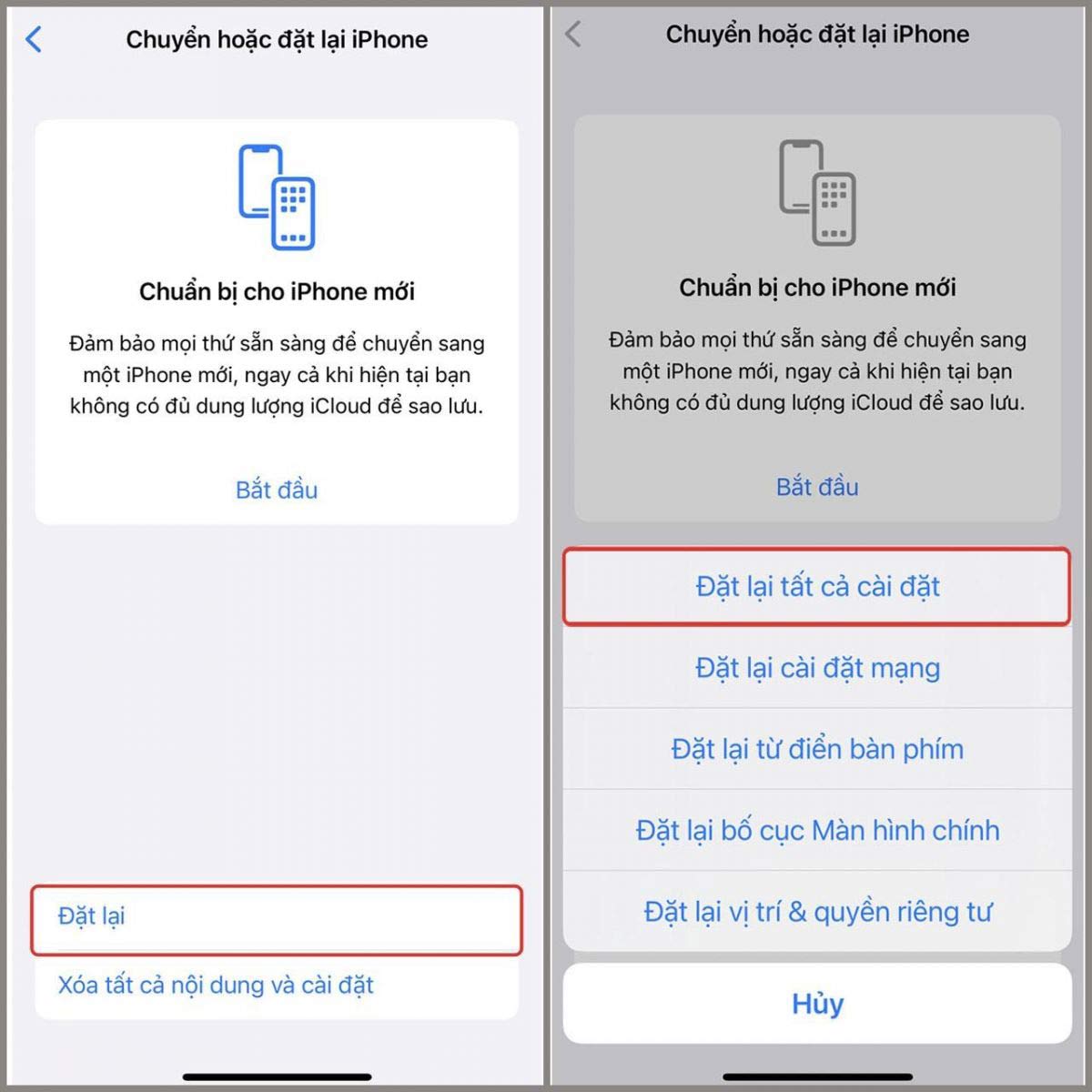 Chọn Đặt lại → Nhấn vào Đặt lại tất cả cài đặt để hoàn thành bước khôi phục cài đặt gốc cho điện thoại iPhone