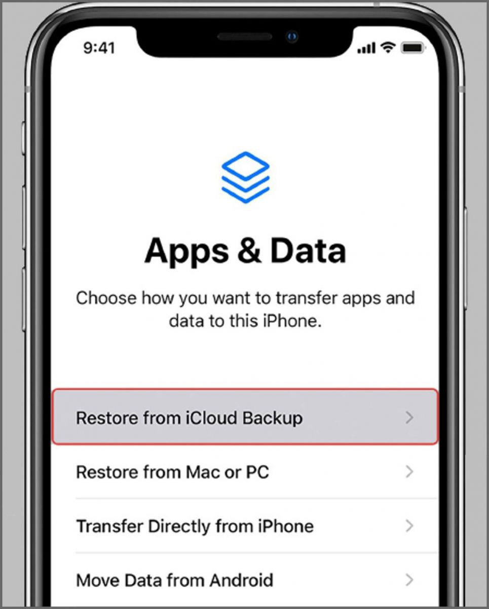 Nhấn chọn Restore from iCloud Backup (Khôi phục từ bản sao lưu iCloud)