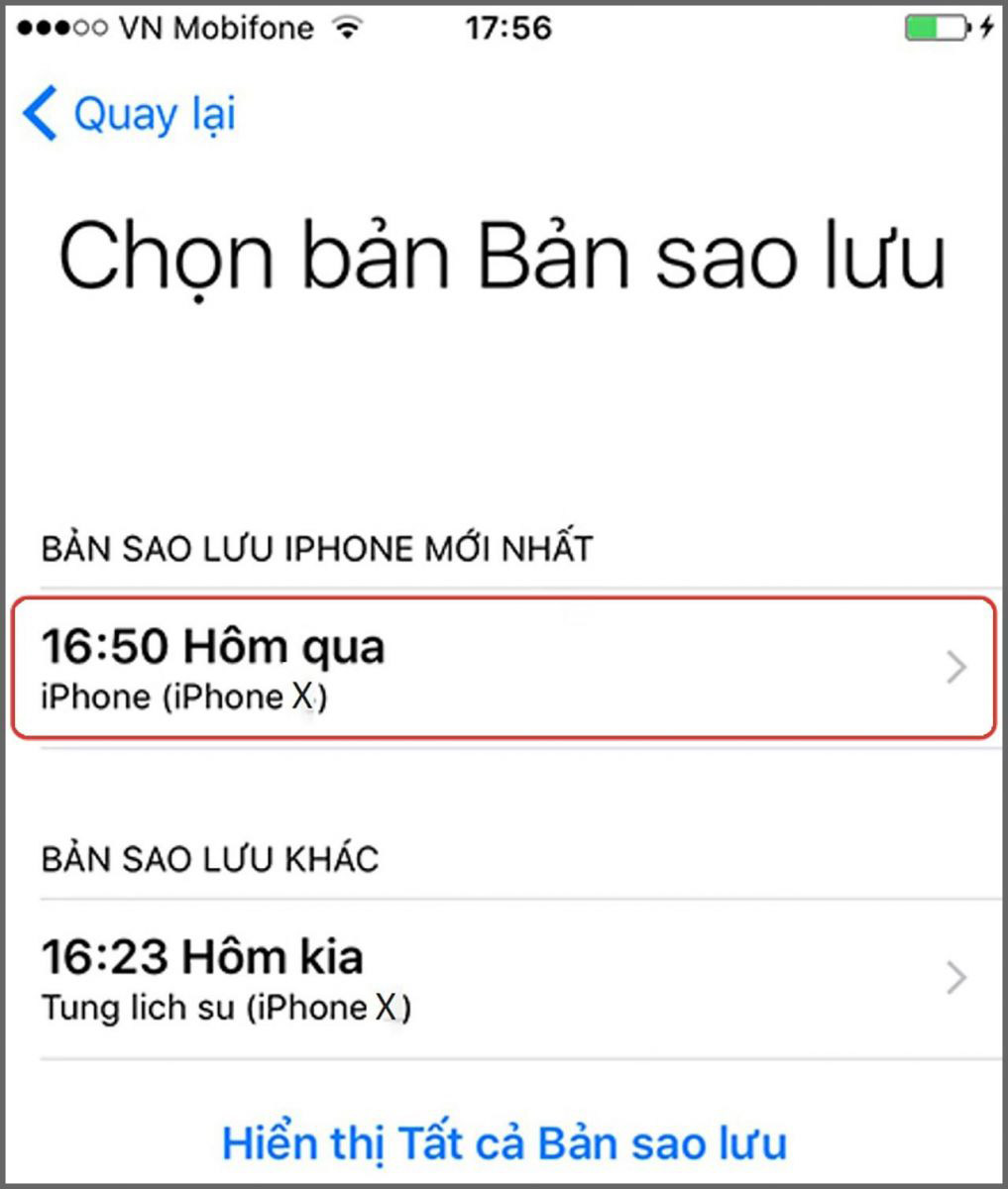 Chọn bản sao lưu trước đó rồi chờ hệ thống tự động chuyển dữ liệu hoàn tất