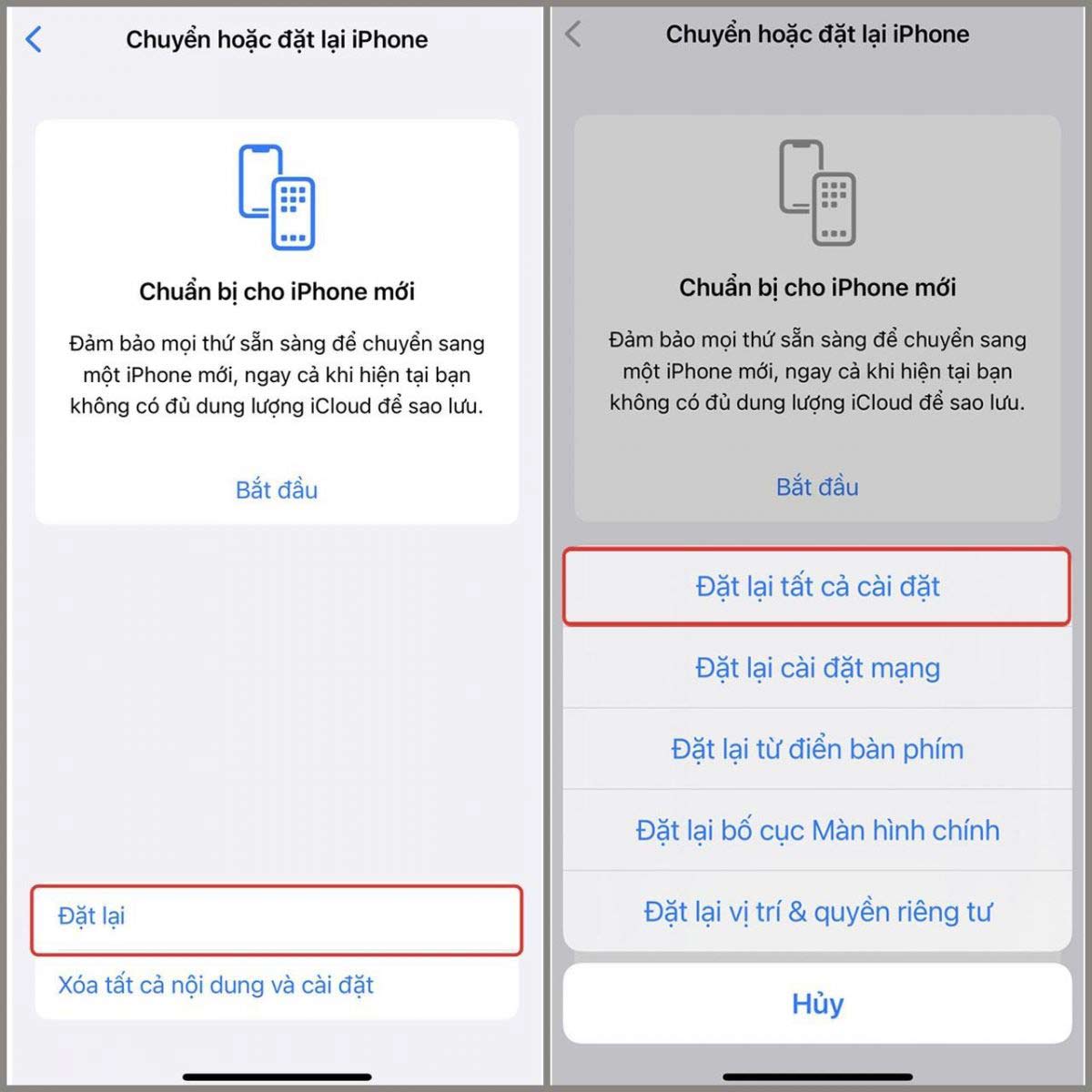 Chọn Đặt lại → Nhấn vào Đặt lại tất cả cài đặt để hoàn thành bước khôi phục cài đặt gốc cho điện thoại iPhone