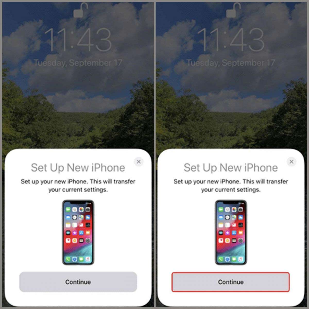 Đặt hai thiết bị điện thoại iPhone gần nhau. Khi đó, điện thoại iPhone cũ sẽ hiển thị thông báo Set up New iPhone → Nhấn chọn Continue để tiếp tục
