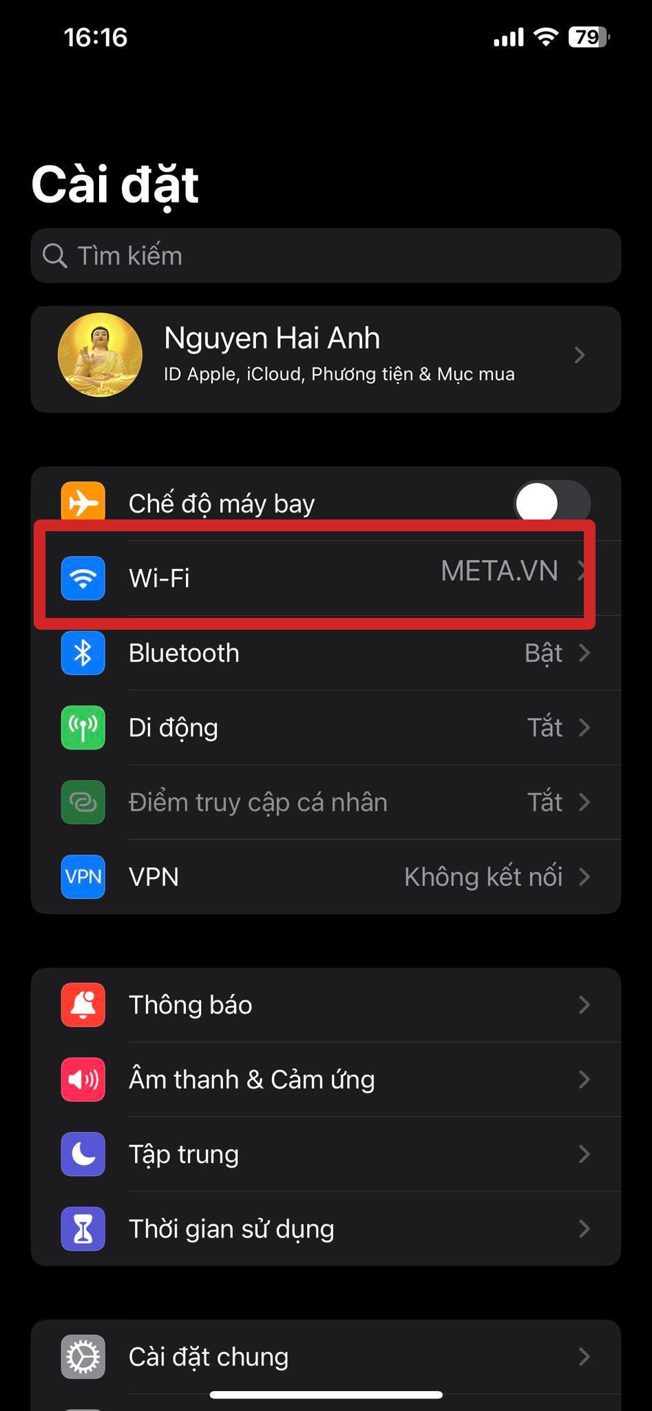Truy cập Cài đặt → Nhấn vào mục wifi