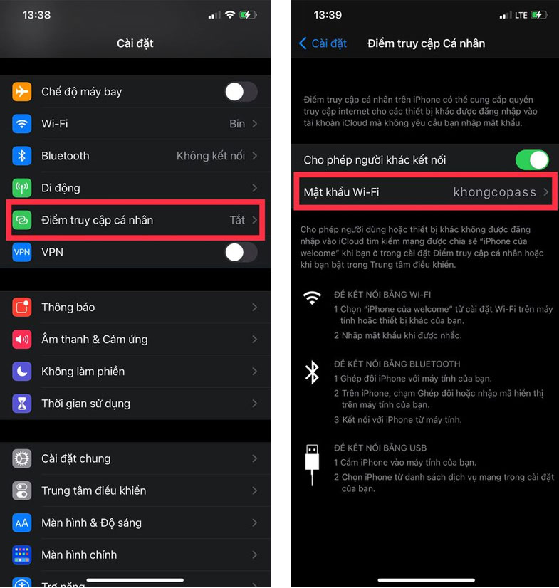 Cách xem mật khẩu wifi trên iPhone với Điểm truy cập cá nhân