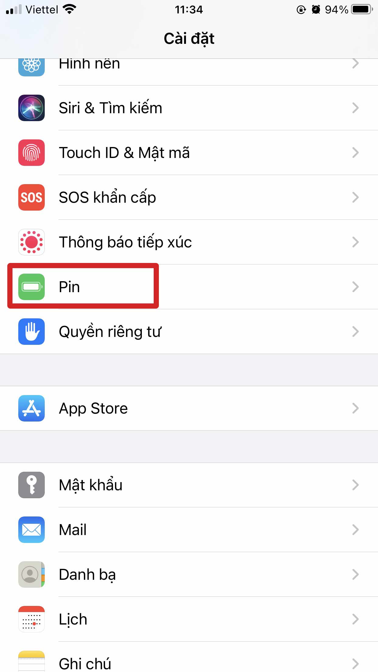 Truy cập Cài đặt -> Nhấn Pin