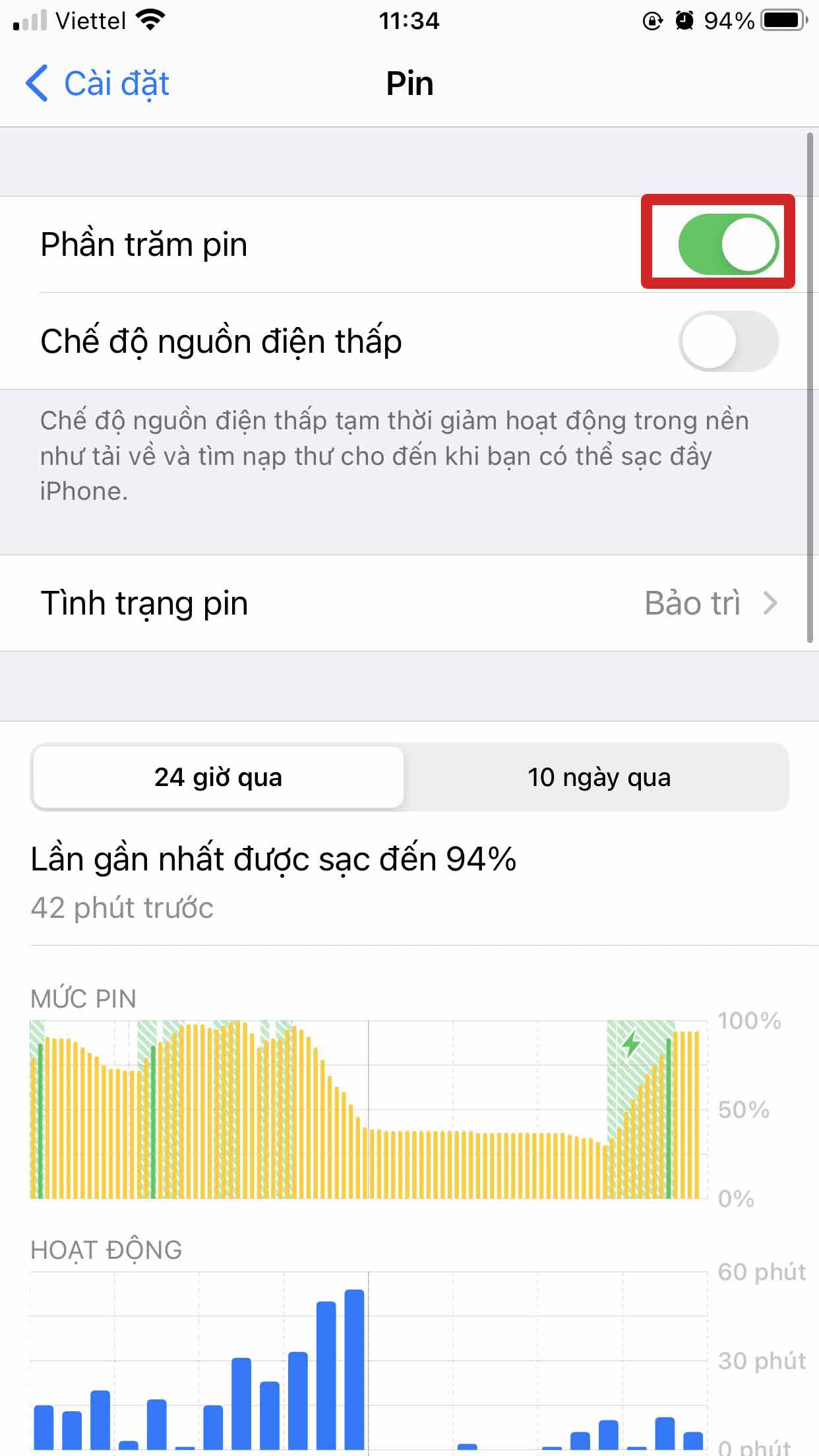 Gạt thanh bật Phần trăm pin lên
