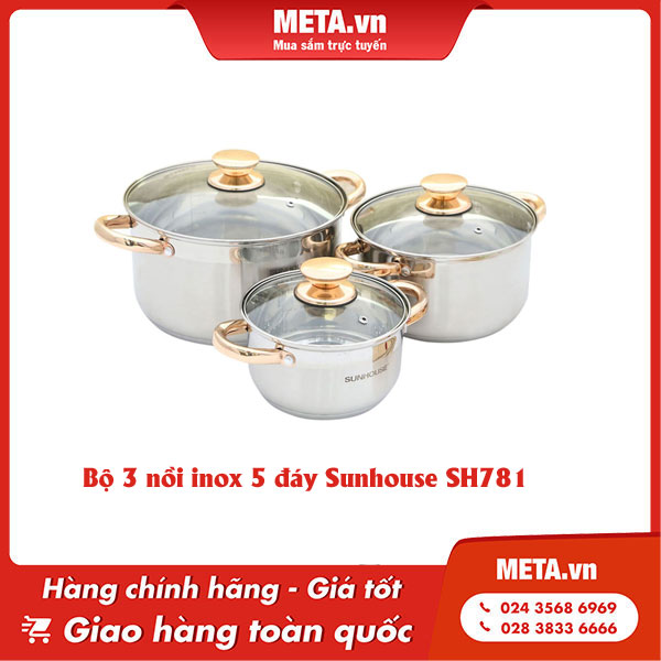 Bộ 3 nồi inox 5 đáy Sunhouse SH781