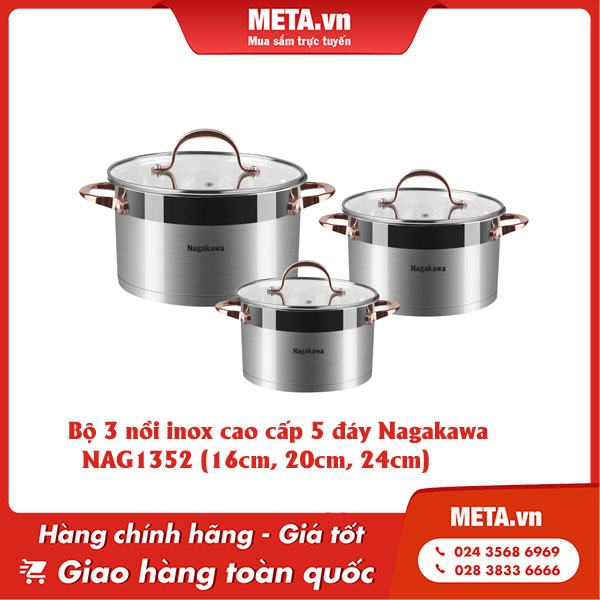 Bộ 3 nồi inox cao cấp 5 đáy Nagakawa NAG1352