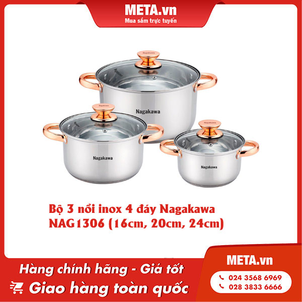 Bộ 3 nồi inox 4 đáy Nagakawa NAG1306