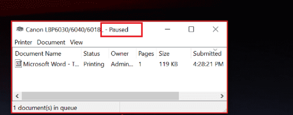 Chữ Paused hiển thị khi máy in tạm dừng