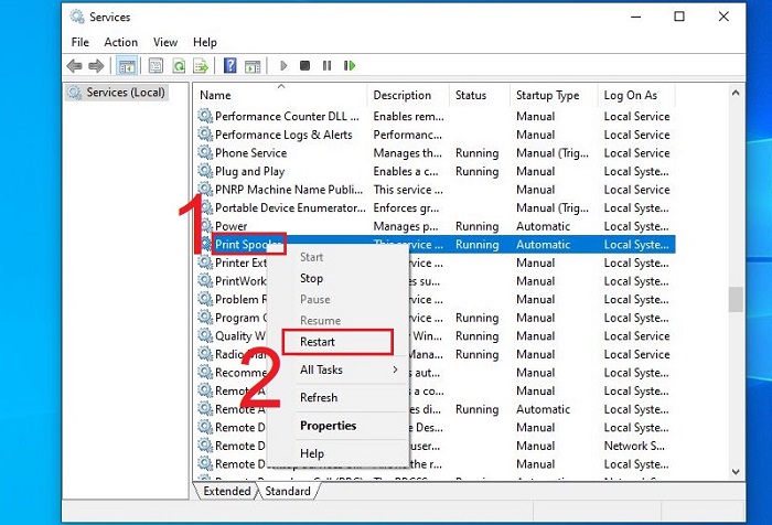 Tùy chọn Restart dịch vụ Print Spooler để khắc phục máy in bị pause