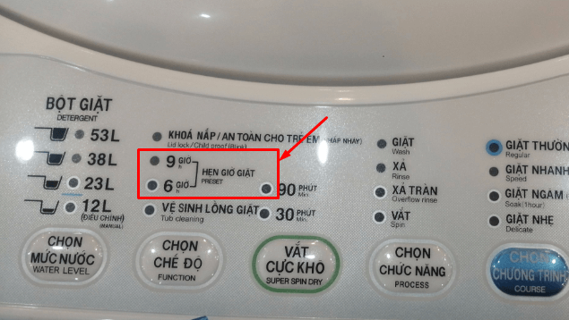 Máy giặt Toshiba cho phép bạn chọn thời gian hẹn giờ kết thúc chương trình giặt sau 6 hoặc 9 tiếng