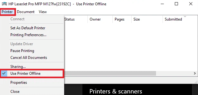 Bỏ tích ở mục Use Printer Offline
