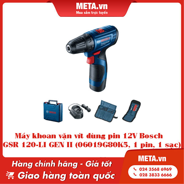 Máy khoan vặn vít dùng pin 12V Bosch GSR 120-LI GEN II (06019G80K5, 1 pin, 1 sạc)