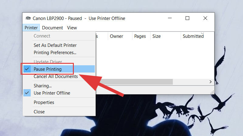 Bỏ chọn mục Pause Printing