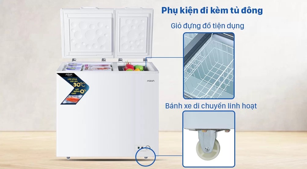 Thiết kế tủ đông AQUA có bánh xe xoay 360 độ tiện lợi