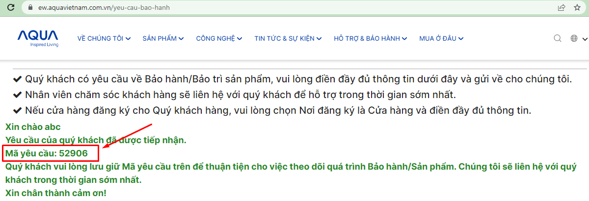 Gửi yêu cầu trực tuyến trên website