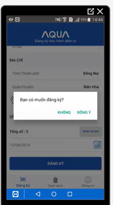 Nhấn Đồng Ý để đăng ký bảo hành máy giặt AQUA