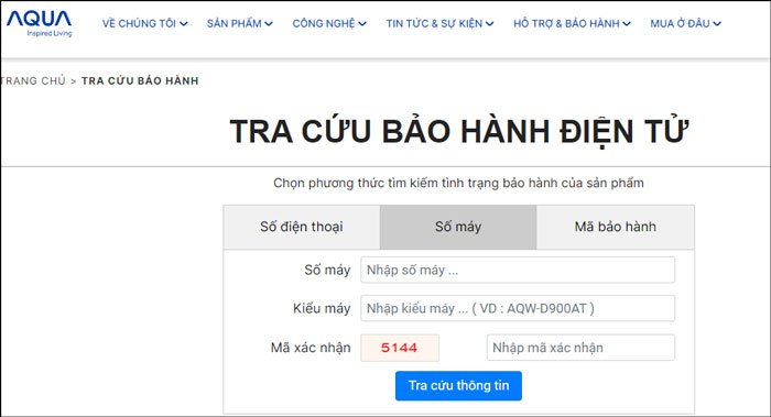 Chọn phương thức kiểm tra bảo hành máy giặt AQUA