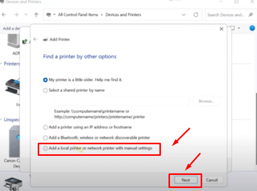 Tích vào tùy chọn Add a Locak Printer or network printer with manual settings