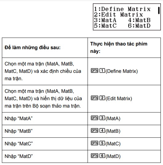 Menu ma trận máy tính Casio FX 580VNX