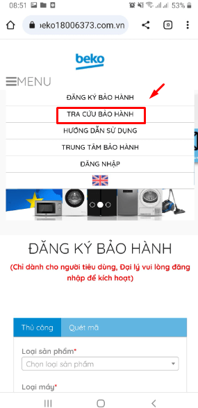 Chọn Tra cứu bảo hành