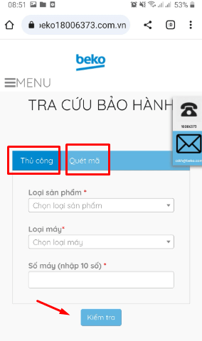 Cách tra cứu bảo hành tủ lạnh Beko qua website trên điện thoại