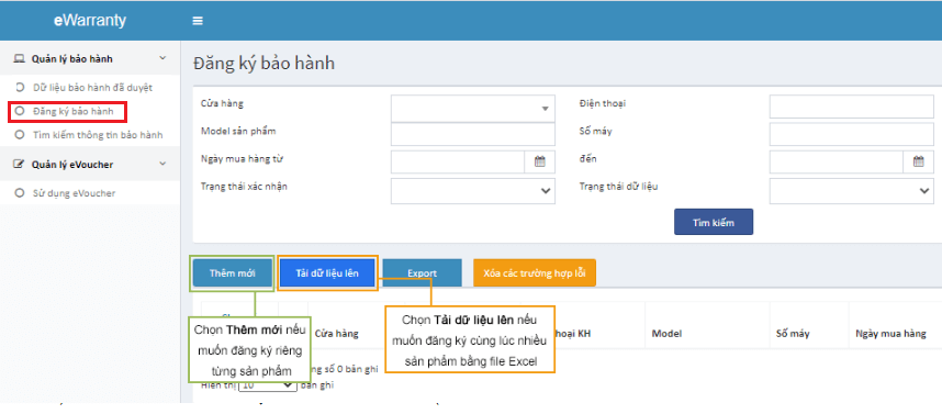 Cách đăng ký bảo hành tủ lạnh Panasonic cho đại lý/cửa hàng - Sau khi đăng nhập, bạn chọn mục Đăng ký bảo hành