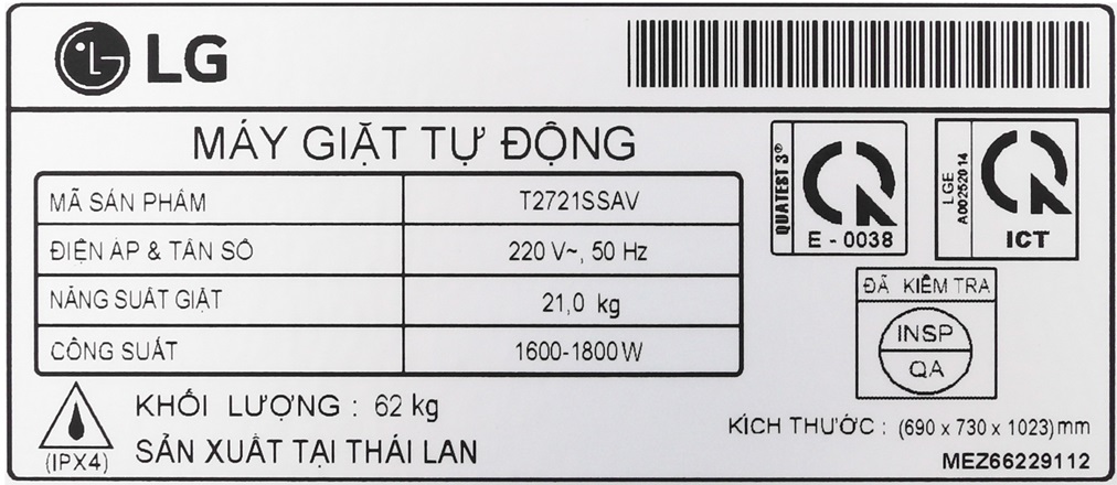 Thông số kỹ thuật của máy giặt LG