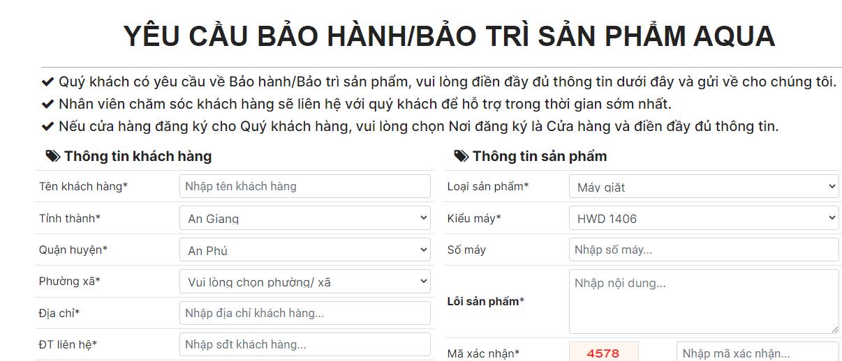 Gửi yêu cầu trực tuyến trên website chính hãng