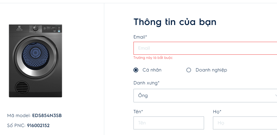 Điền form thông tin để đăng ký bảo hành máy sấy quần áo Electrolux