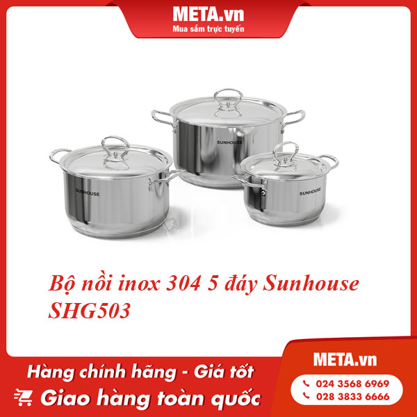 Bộ nồi nấu bếp từ Sunhouse SHG503 inox 304 5 đáy