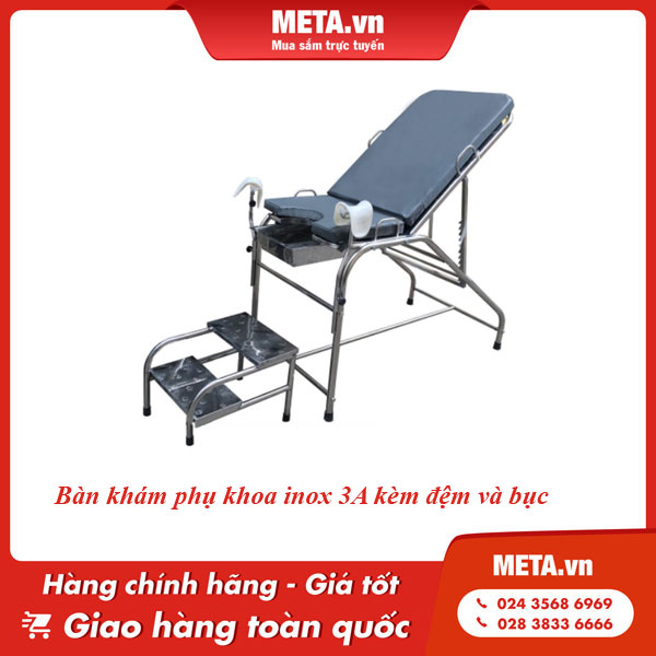 Bàn khám phụ khoa inox 3A kèm đệm và bục