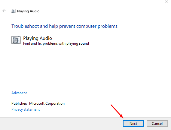 Nhấp vào mục Find and fix problems with playing sound rồi nhấn Next