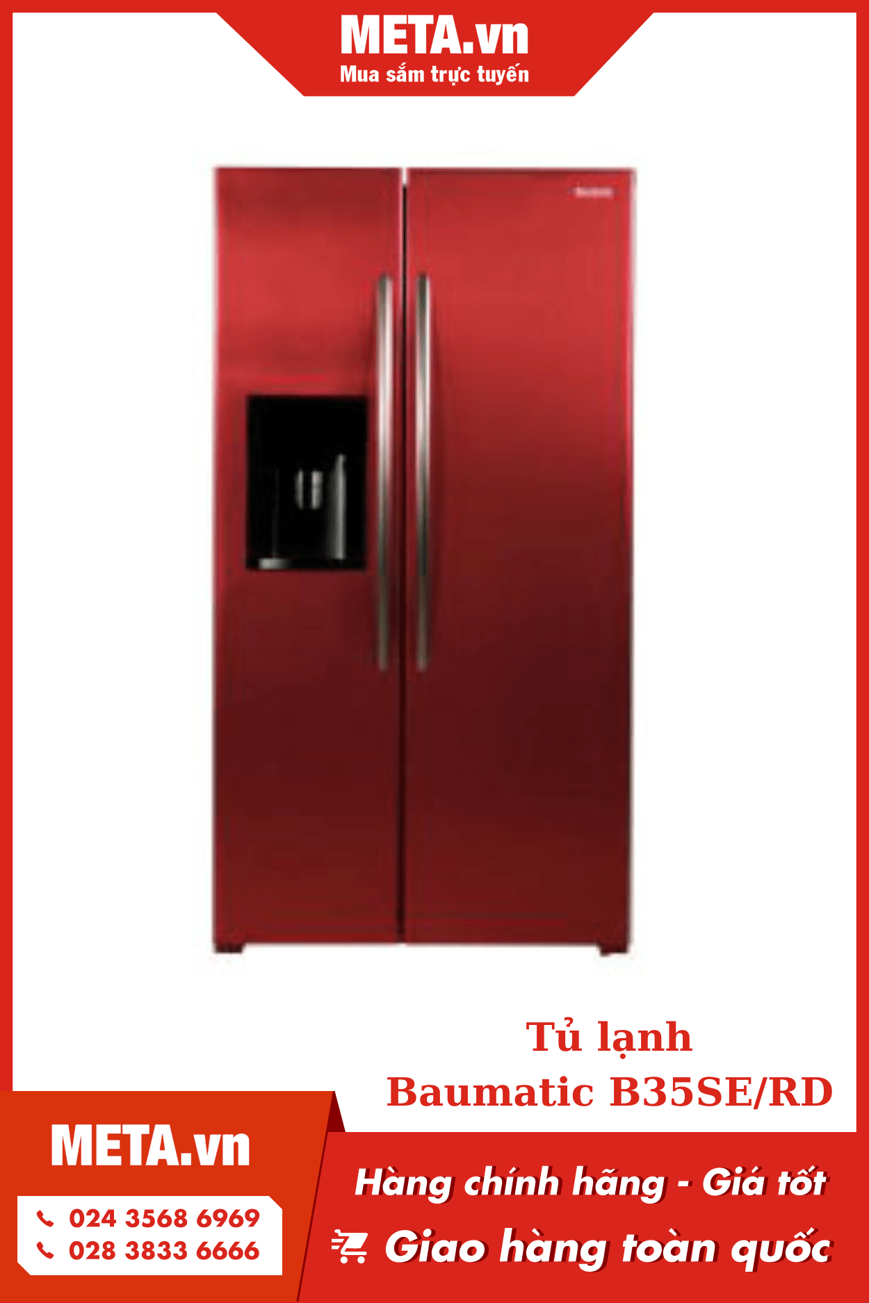 Tủ lạnh màu đỏ side by side Baumatic 550 lít B35SE/RD
