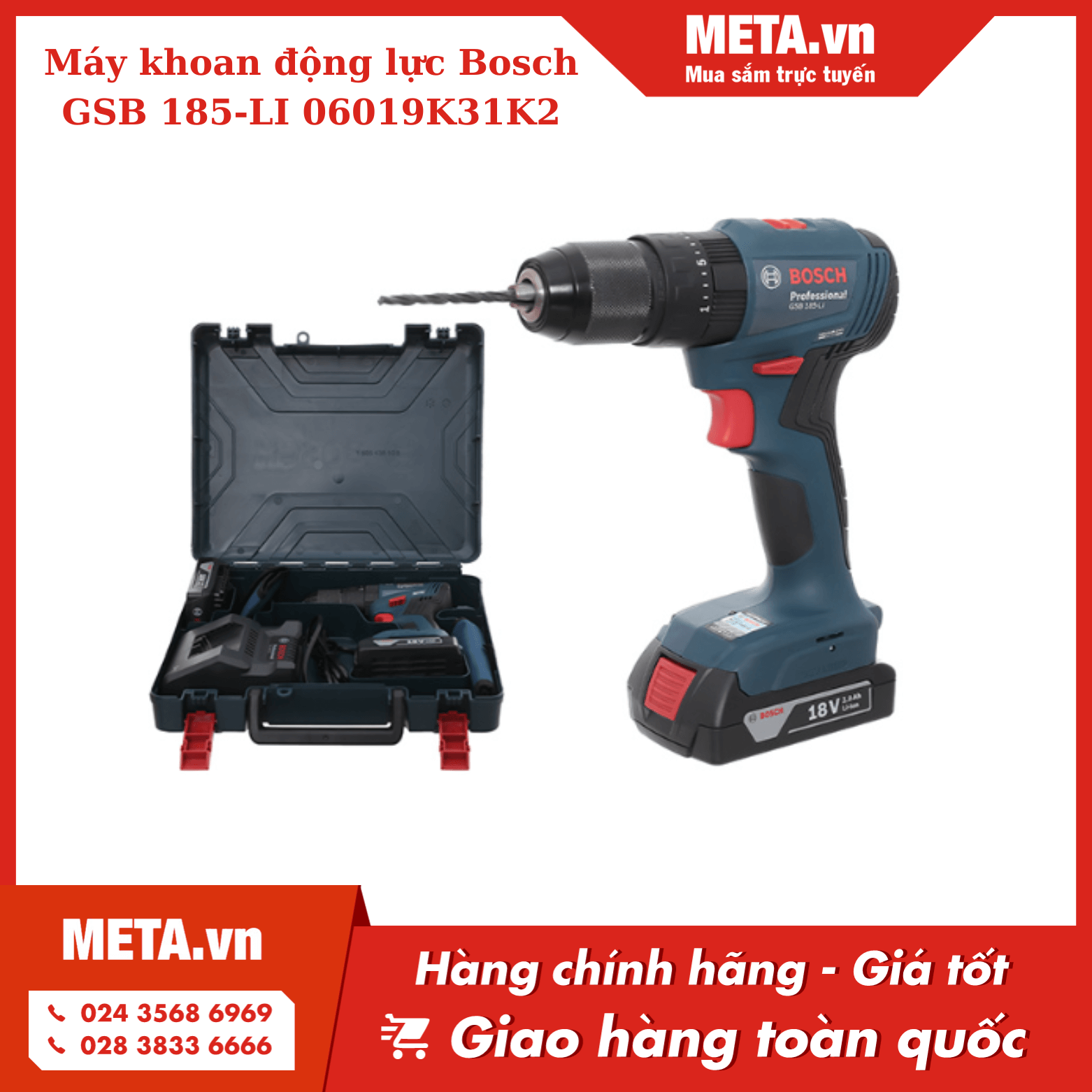 Máy khoan pin Bosch có búa GSB 185-LI 06019K31K2 (2 pin, 1 sạc)