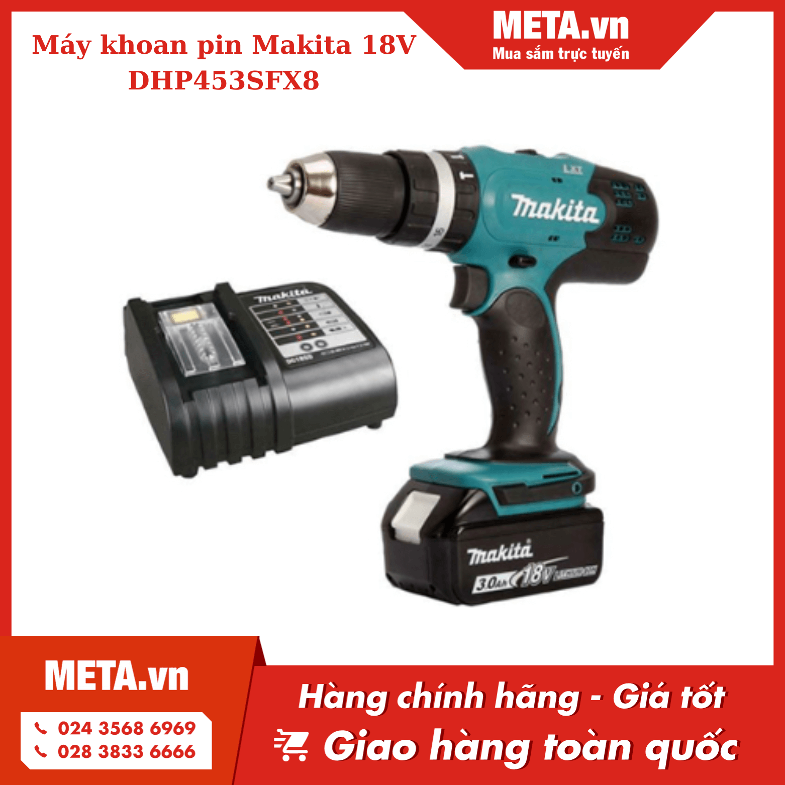 Máy khoan pin Makita có búa DHP453SFX8 (1 pin, 1 sạc)