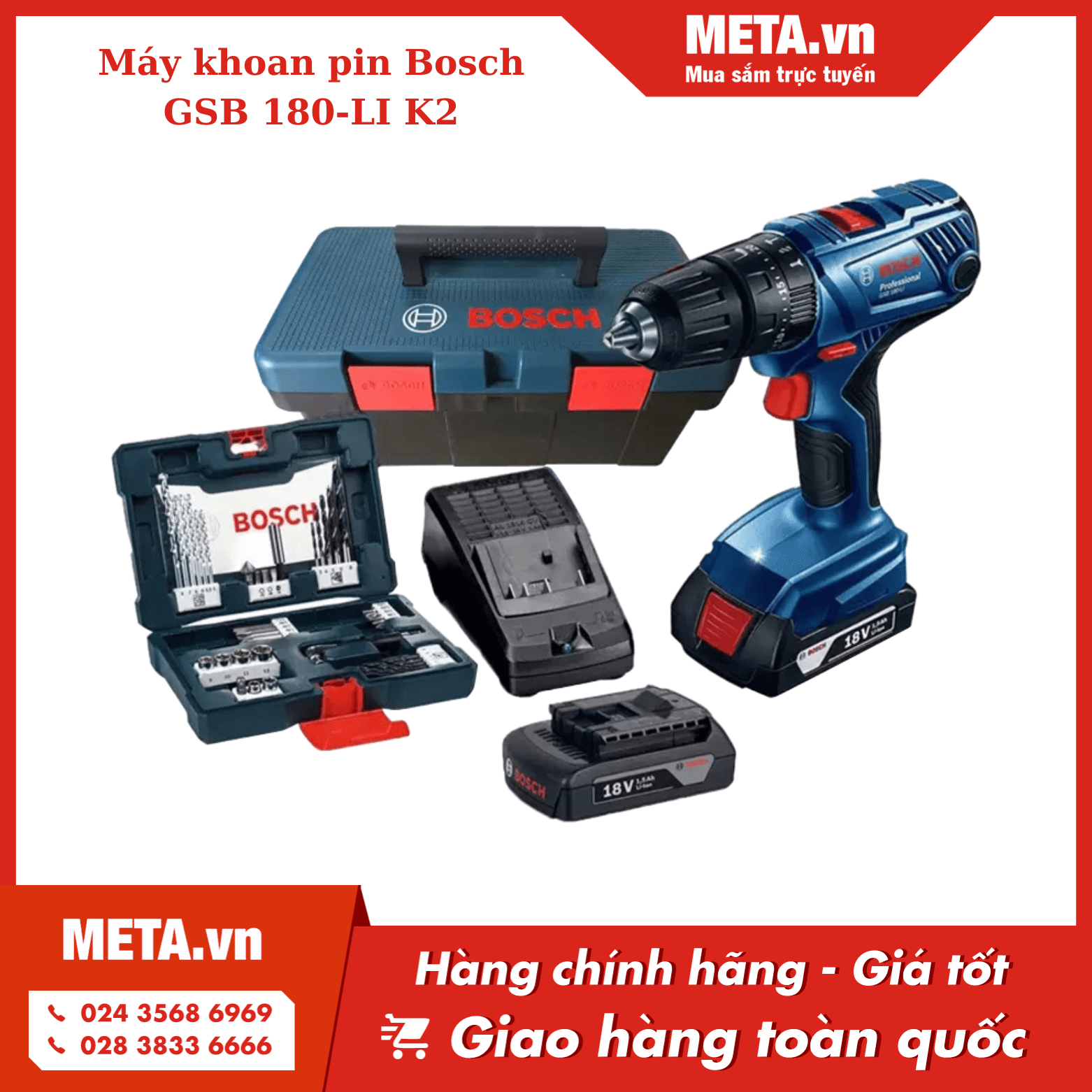 Máy khoan pin Bosch có búa GSB 180-LI K2 Promo 06019F83K2 (2 pin, 1 sạc)