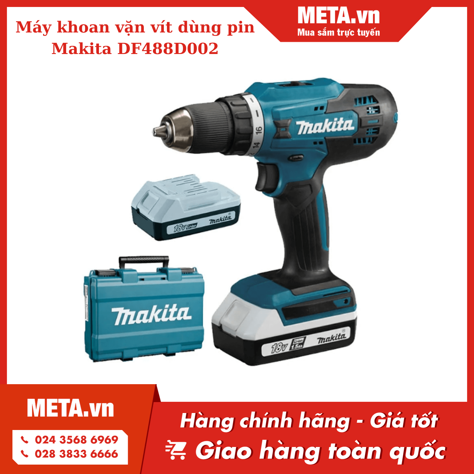 Máy khoan pin Makita có búa DF488D002 (2 pin, 1 sạc)