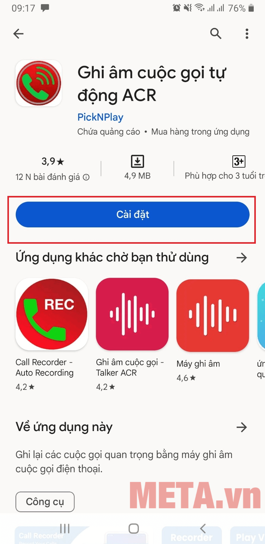 Nhấn nút Cài đặt để tải về ứng dụng ghi âm cuộc gọi Android