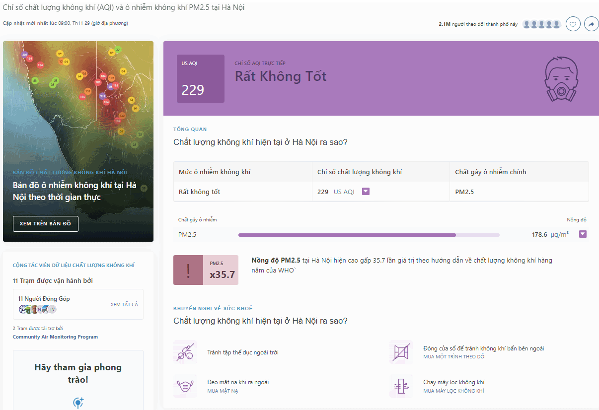 Chỉ số chất lượng không khí Hà Nội 29.11.2023
