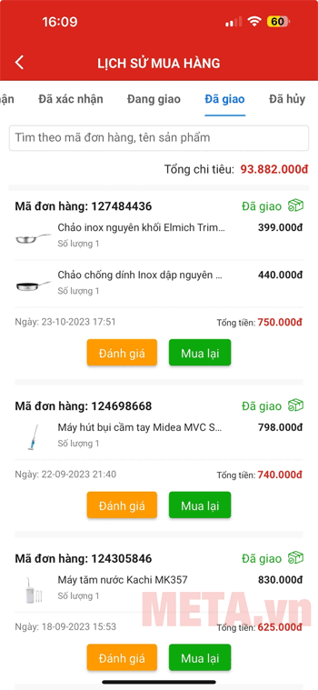 Xem lịch sử mua hàng trên META.vn