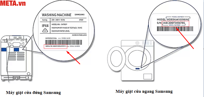 Vị trí của số seri trên máy giặt Samsung cửa trên và cửa trước