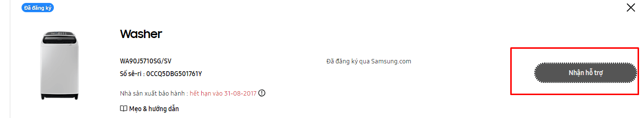 Chọn Nhận hỗ trợ để yêu cầu dịch vụ sửa chữa máy giặt Samsung