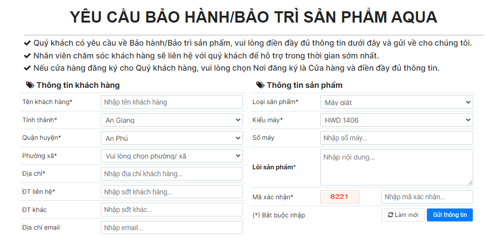 Gửi yêu cầu trực tuyến trên website để bảo hành tủ lạnh AQUA