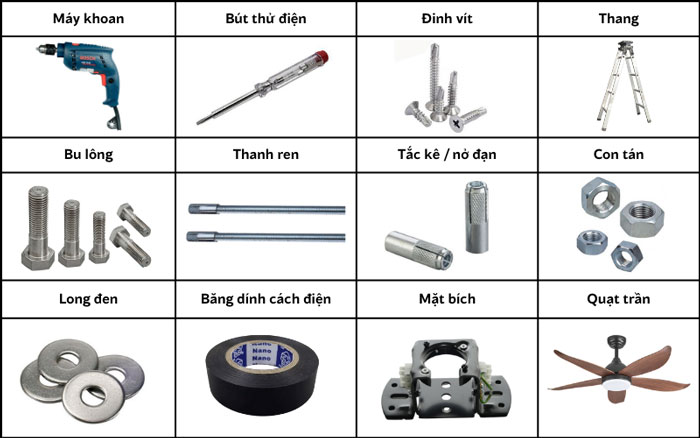 Dụng cụ cần thiết để bắt quạt trần thạch cao