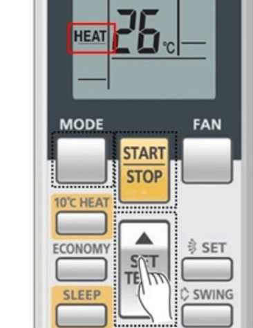 Chế độ sưởi ấm của điều hòa được thể hiện trực tiếp bằng chữ HEAT trên điều khiển từ xa