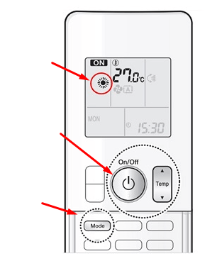 Nhấn nút MODE trên điều khiển điều hòa để chọn chế độ sưởi ấm